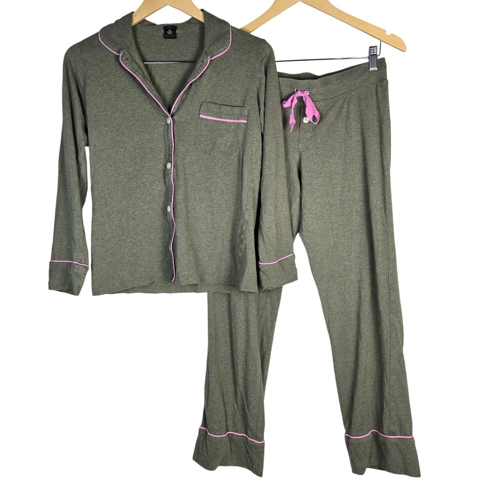 J. Crew Dreamy long-sleeve cotton pajama set XS Olive Green Pink Piping AC318